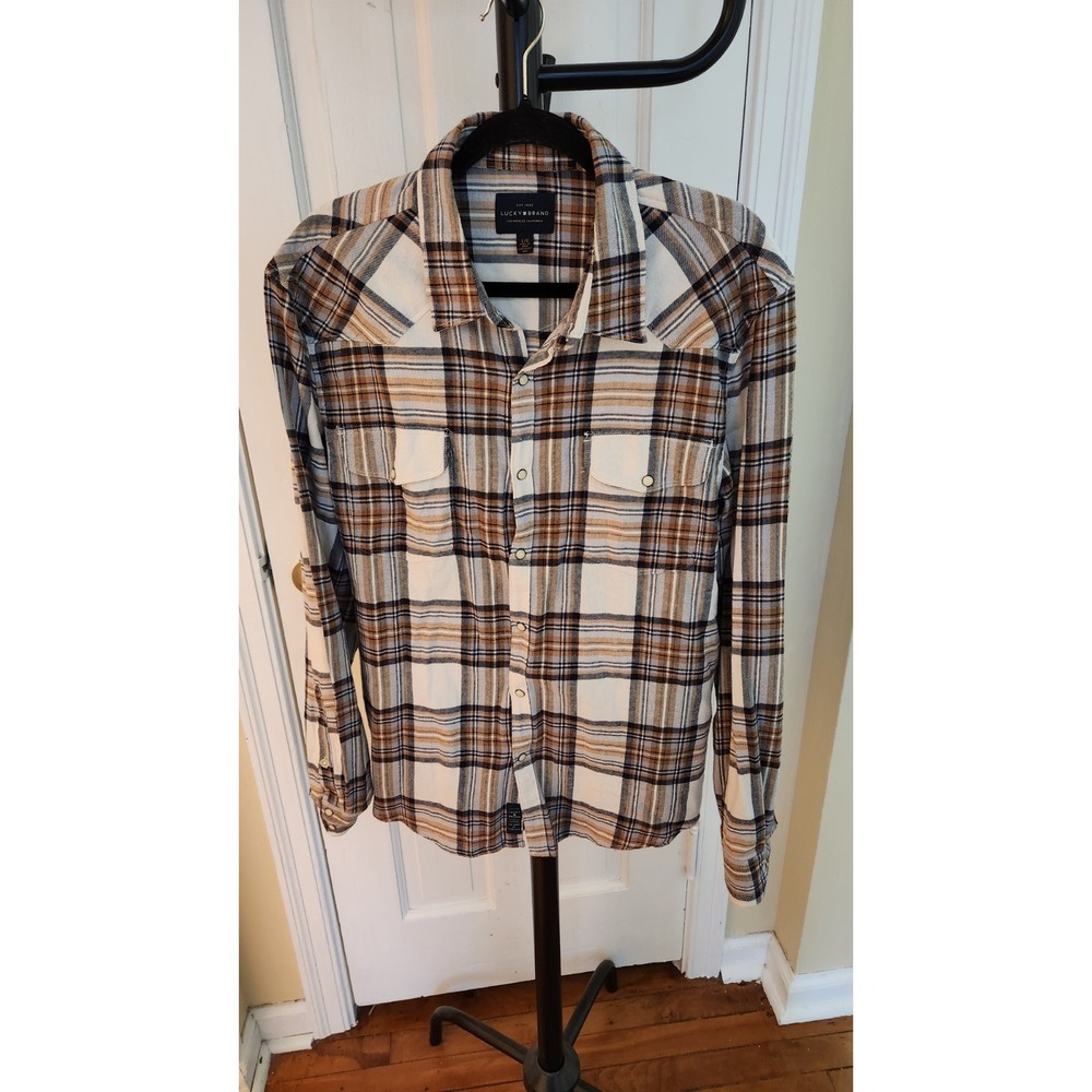 Lucky Brand Santafe Western Plaid Flannel Men's L Brown Cream Button-down